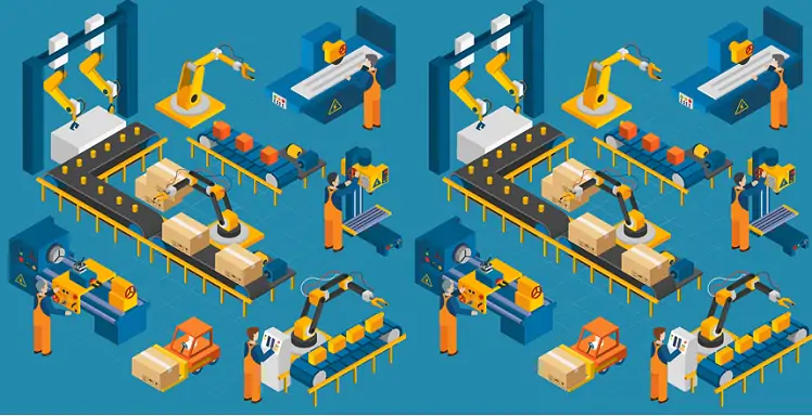 Isometric icons set with robotic machinery and operators of machine with control software vector illustration